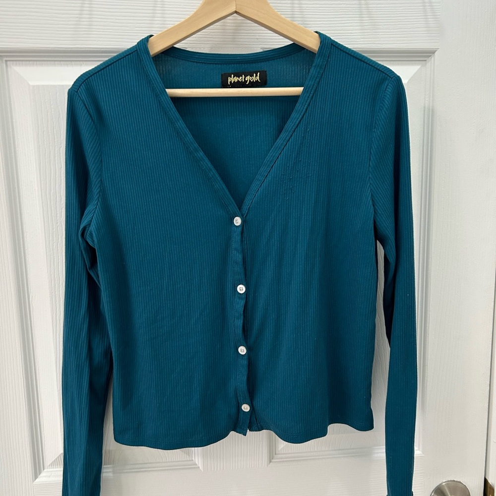Planet Gold Teal Ribbed V-Neck Button-Up Long Sleeve Top
